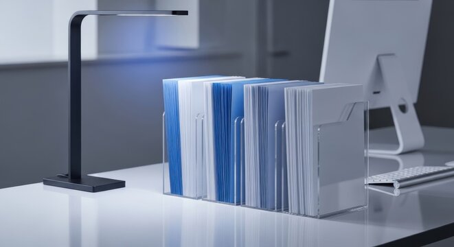 Neatly arranged blue and white document folders in a clear plastic organizer on a desk