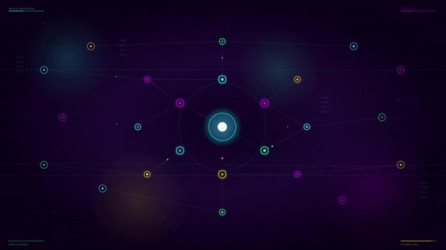 Glowing neon dots, purple background, abstract motion graphics, colorful bokeh lights