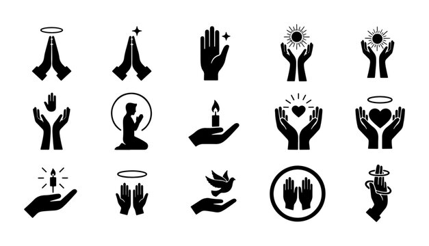 Prayer Hands Icons, Spiritual Symbols, Faith and Hope Graphics, Divine Blessings, Religious Gestures, 15 Vector Elements