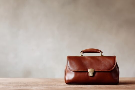 Vintage brown leather doctor bag placed on wooden desk medical profession concept
