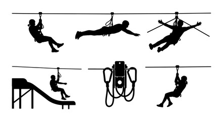 Zip Line Adventure Silhouettes, Extreme Sports Vector Icons, Thrill Seeker Activity Illustrations, Outdoor Recreation Graphics © Nazmul