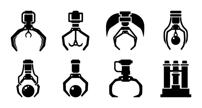 Industrial Claw Machine Icons, Robotic Gripper Set, Mechanical Grabber Vector Collection, Automated Machine Elements