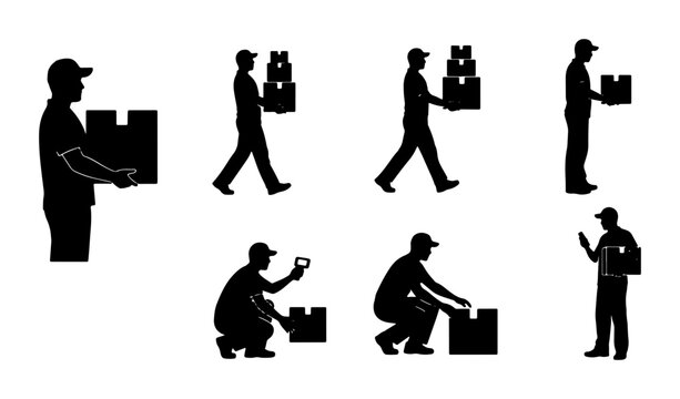 Delivery Person Silhouettes, Courier Icon Set, Package Handling Actions, Logistics Worker Poses, Shipping Service Vector Graphics