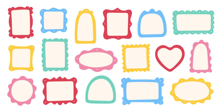 Doodle frame border hand drawn cute set. Fun doodle frame border square, rectangle line photo picture shapes. Cute cartoon children kids squiggly scrapbook stamp simple card. Vector illustration