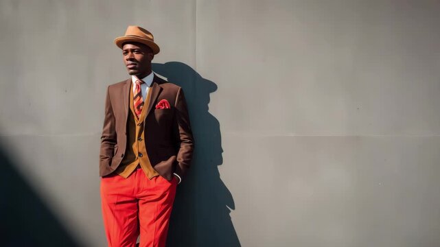 Dressed in a sharp suit with a bow tie and hat, the man leans against a modern gray wall. His bold red pants add flair, highlighting his confident style in an urban environment.