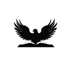 Naklejka premium Eagle perched atop an open book represents the pursuit of wisdom and knowledge through academic study in this minimalist black silhouette design on a clean white background for educational branding.