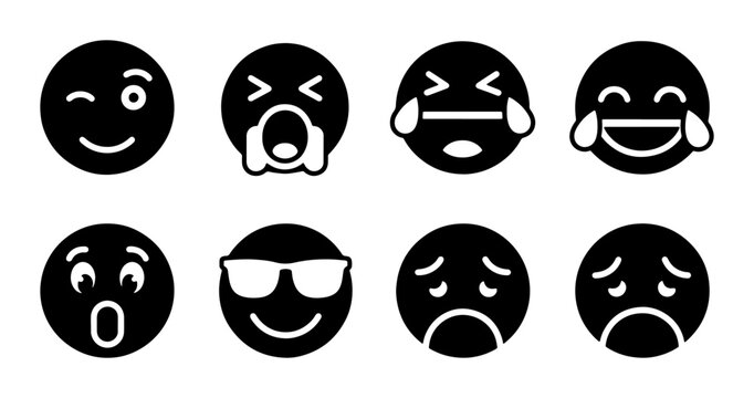 Set of 8 Black Emoji Icons, Expressive Faces, Emoticons, Smiley Symbols, Vector Graphics for Digital Communication and Social Media