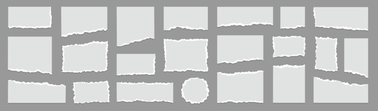 Paper rip torn frame set. Hand drawn paper rip tear sheet piece edge white texture. Scrapbook note label banner memo vintage grunge sticker realistic background. Vector illustration