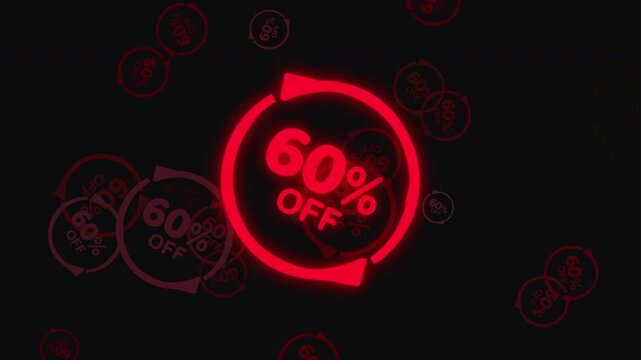 Red 60% Off Neon Sign Animation with Arrows on Black Background