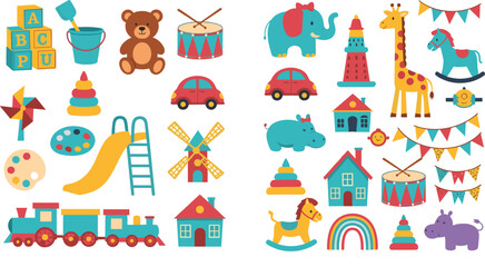 Fototapeta premium Playtime Toy Set with Building Blocks, Train, Animals, Dolls, and Fun Decorations for Kids, Toys, and Childhood Illustrations