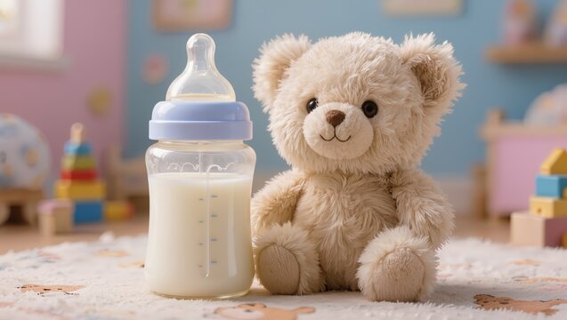 Close-up of a baby feeding bottle with milk and a fluffy teddy bear on a carpet in a nursery. Concept of infant feeding, baby care products, childhood, and newborn nutrition
