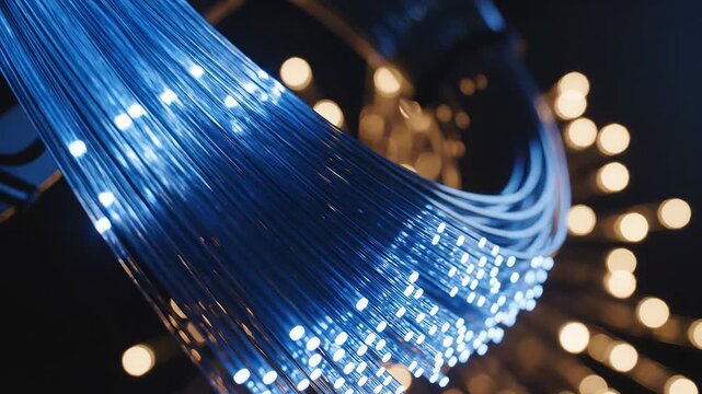 Fiber optic cables with glowing tips emphasizing network speed and cloud computing