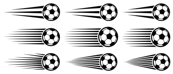 Soccer ball flying with speed motion lines vector icon set black white flat sport symbol collection for logo and graphic design  © Ahmed