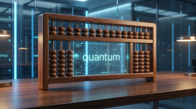Traditional wooden abacus with glowing quantum computing holographic display