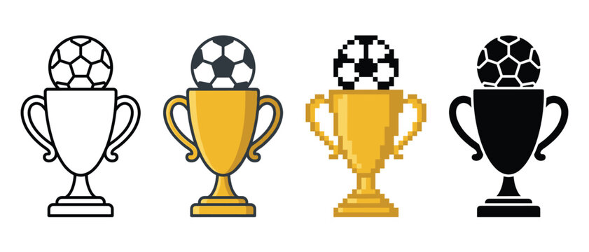 Soccer trophy cup with ball icon set vector outline gold pixel art silhouette style collection for sport award and championship graphic design