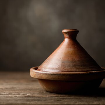Traditional Moroccan tajine cooking pot with conical lid on rustic background, culinary culture concept