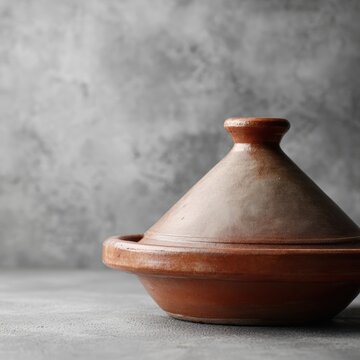 Traditional Moroccan tajine cooking pot with conical lid on rustic background, culinary culture concept