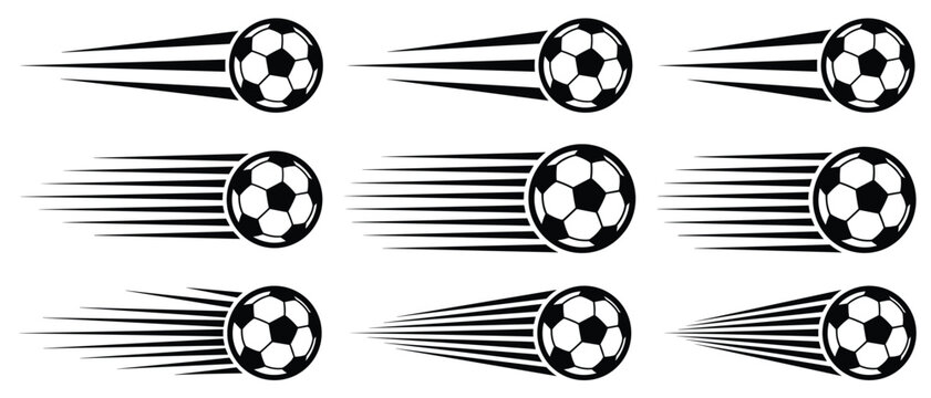 Soccer ball flying with speed motion lines vector icon set black white flat sport symbol collection for logo and graphic design
