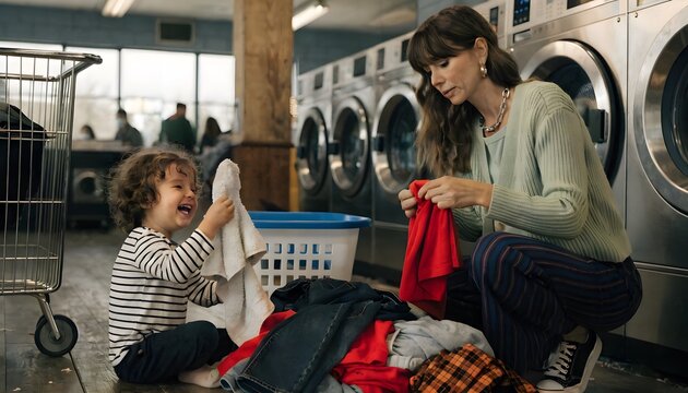 Mom and toddler fold clothes together in a laundromat, playful sock-puppet moment and warm family feel. Perfect for parenting, everyday life, and home stories.