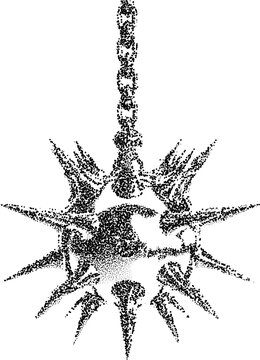 Stippled illustration of a medieval flail weapon with a spiked iron ball hanging from a chain, detailed dotwork art style photocopy stipple effect, for grunge punk y2k collage design