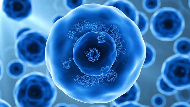 Blue cells under microscope emphasizing fluid motion and vibrant color palettes