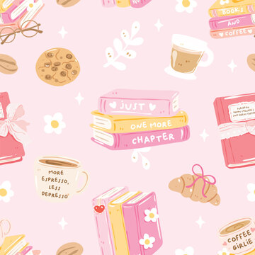 Bookish Coffee Seamless Pattern, Cute Reader Girl Digital Paper, Pink Books and Coffee Repeat Background, Cozy Book Lover Design