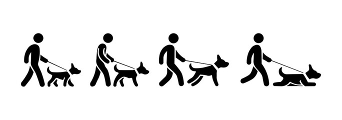 Stickman icon set with dogs, human and dog silhouettes walking in poses © Adit