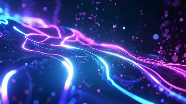 Cybernetic Streams of Light: Dynamic, flowing streams of vibrant blue and purple light weave through a cosmic void, creating an abstract display of digital artistry.