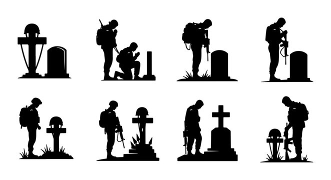 Soldier Memorial Silhouettes, Military Remembrance Icons, Fallen Hero Grave Tributes, Respectful Soldier Vignettes, Vector Set