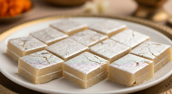 Kaju katli sweets are served on a decorative plate to celebrate traditional festive occasions.
