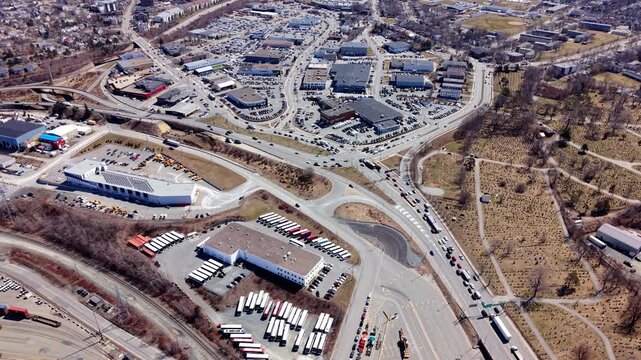 Aerial Transport Network With Highway Interchange And Bridge Halifax Nova Scotia Canada Morning Traffic Vehicles Urban Infrastructure City Scene 4K