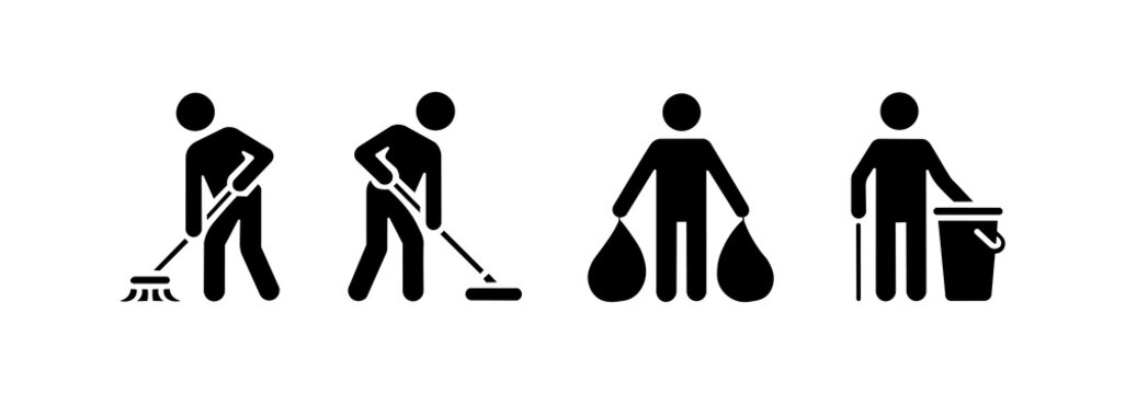 Household cleaning icon set, silhouettes showing sweeping, mopping and trash taking action in a minimalist black design.