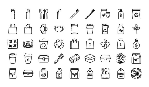  Zero waste products 30 line icon set with reusable bottle straw eco items and editable stroke vector collection