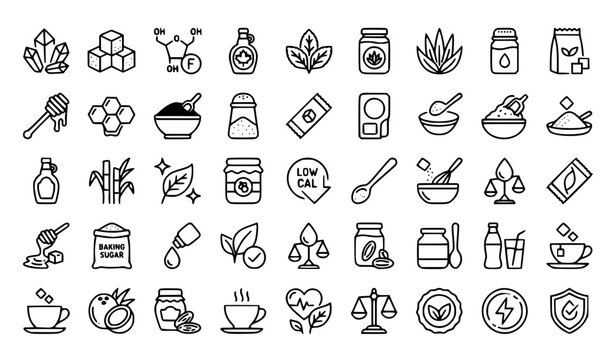 Sweeteners line 36 icon set with xylitol stevia maple syrup and editable stroke vector collection