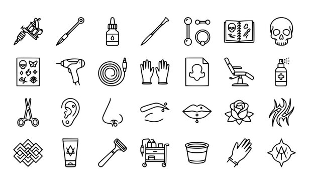 Tattoo piercing 29 line icon set with tattoo machine needle skull and editable stroke vector collection