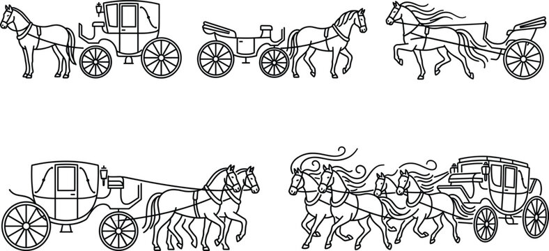Set of 6 Horse-Drawn Carriages and Horses in Various Action Poses for Vintage Transport Illustrations, Retro Art, and Historical Design Projects