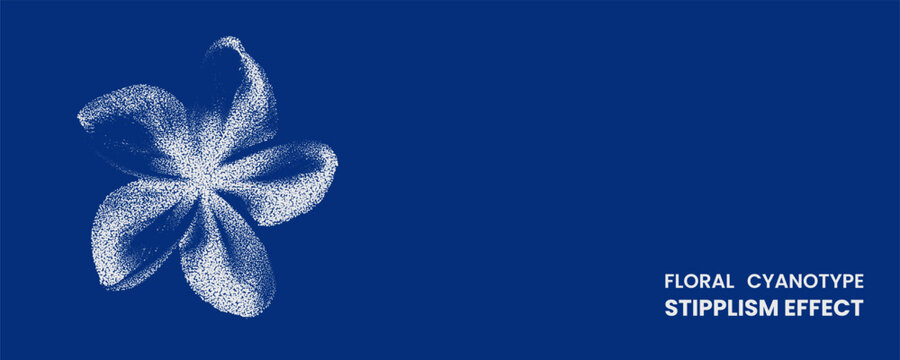 Floral cyanotype stipplism effect, artistic plumeria flower illustration created with dot work technique, white botanical drawing on deep blue background