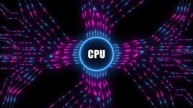 A central glowing blue circle with the text CPU inside it, surrounded by a network of neon pink and blue glowing lines and circuits on a black background representing technology and data