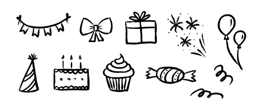 Hand drawn birthday doodle collection. Kid party sketched elements for birthday celebration, party decoration. Crayon scribbled cake, cupcake, balloon, party hat, gift box, present bow, candy. Vector