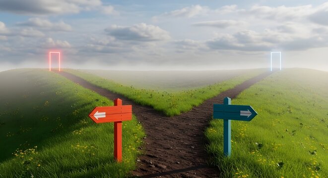 A fork in a dirt path on a grassy hill with two glowing portals, representing a difficult choice or decision.