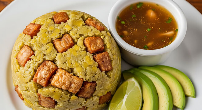 Mofongo dish with fried pork chunks is served with a small bowl of broth and fresh avocado slices.