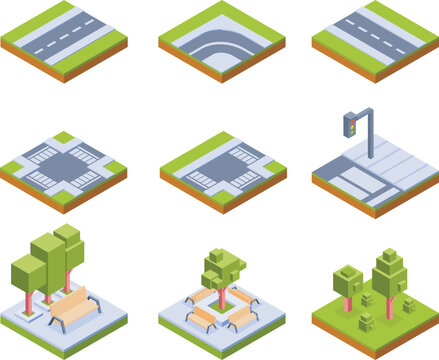 Isometric City Elements Crossroads, Roads, and Park Scenes for Urban Planning and Design