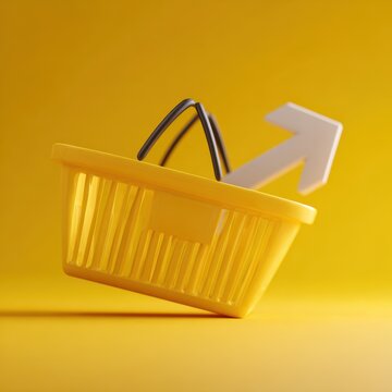 Yellow shopping basket with arrow and euro sign symbolizing e-commerce financial growth