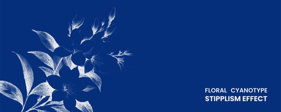 Floral cyanotype stipplism effect, artistic botanical illustration with dotwork texture, elegant blue and white flower composition for design background