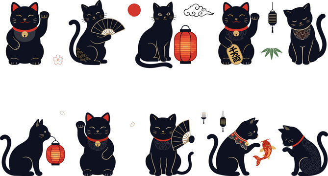 Japanese lucky cat collection featuring black maneki neko lantern fans sushi and traditional Asian decorative elements in cute vector illustration style.