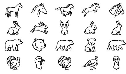 Fototapeta premium A clean minimal vector illustration set featuring four animal icons including a horse, rabbit, bear, and turkey displayed in simple line art style on a solid white background. Each animal is illustrat