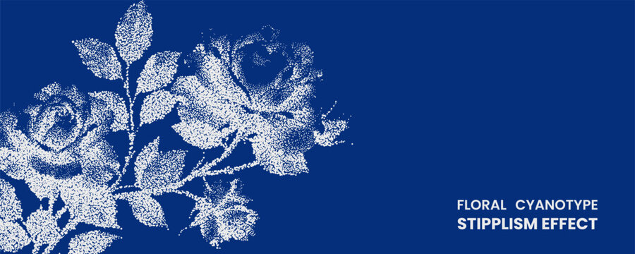 Floral cyanotype stippling effect, white dotted rose flowers on deep blue background, botanical illustration, pointillism style, artistic nature pattern