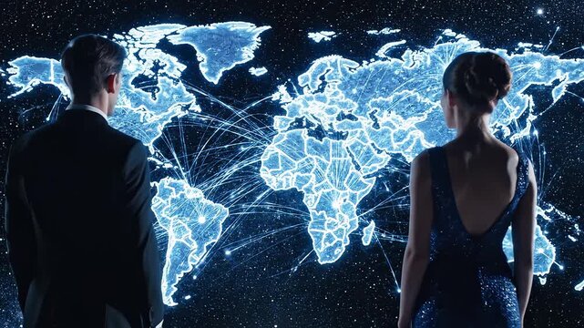 Two people viewing a digital world map emphasizing advanced technology and cybersecurity