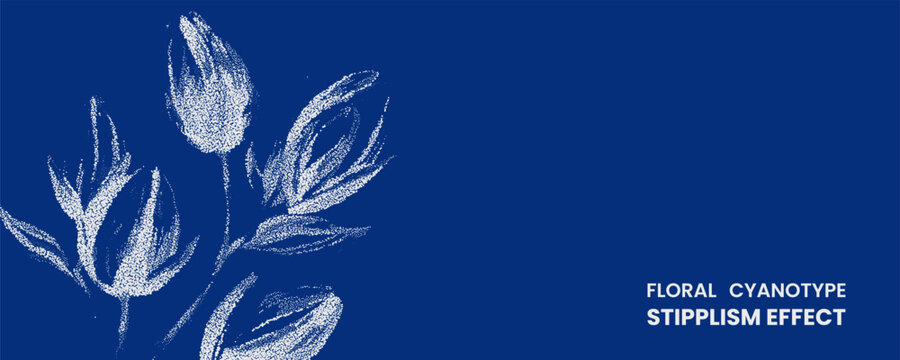 Floral cyanotype stipplism effect, white stippled flower illustration on deep blue background, artistic botanical drawing, digital pointillism art