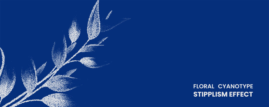 Floral cyanotype stipplism effect with a white botanical leaf illustration on a deep blue background, elegant natureinspired design element